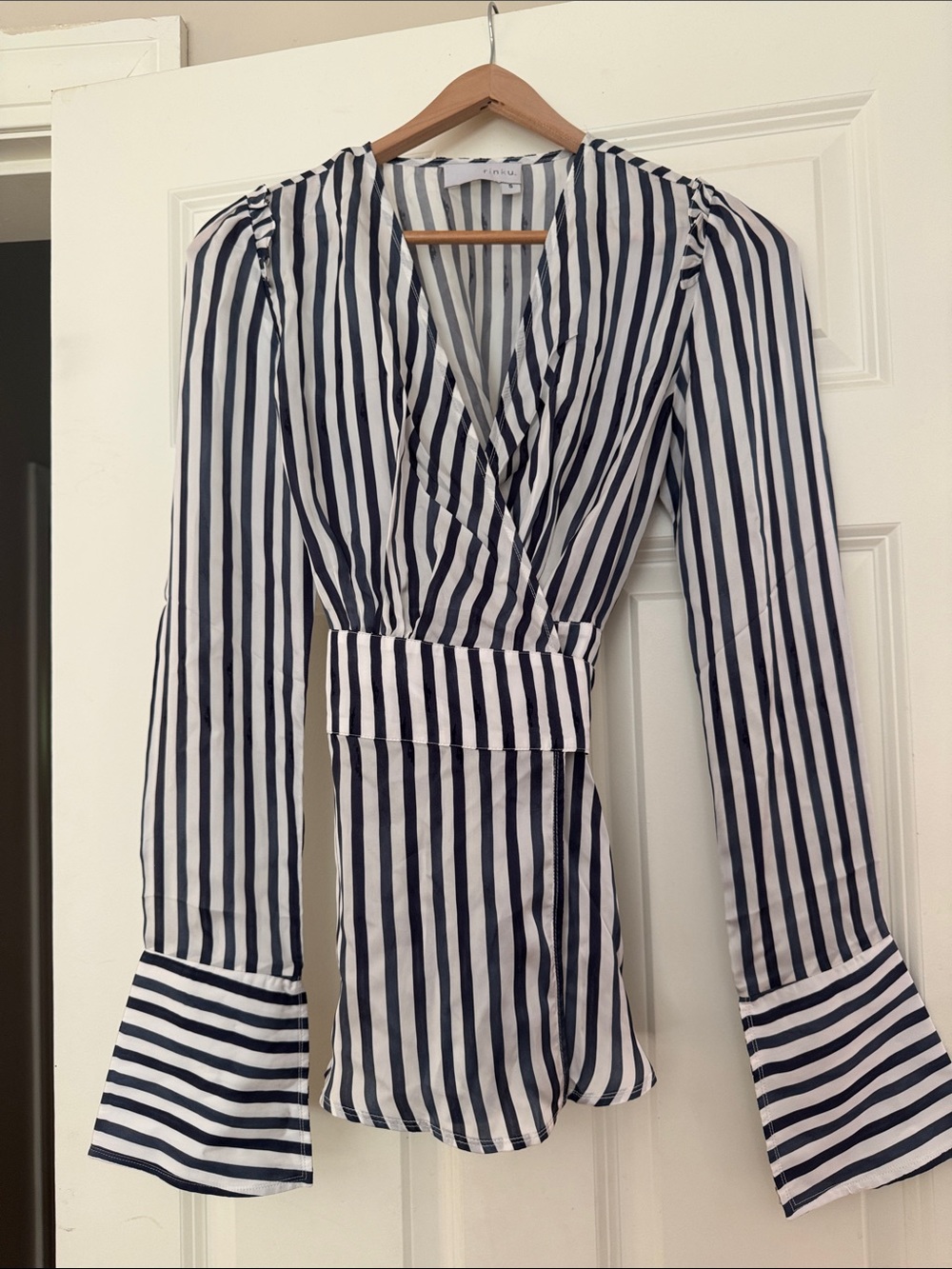 Striped Wrap Blouse in White and Navy